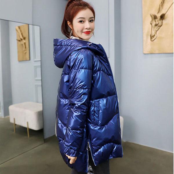 Winter Warm and Fashionable Waterproof Bright Cotton Dress Women's Mid-length Hooded Loose Down Cotton Jacket