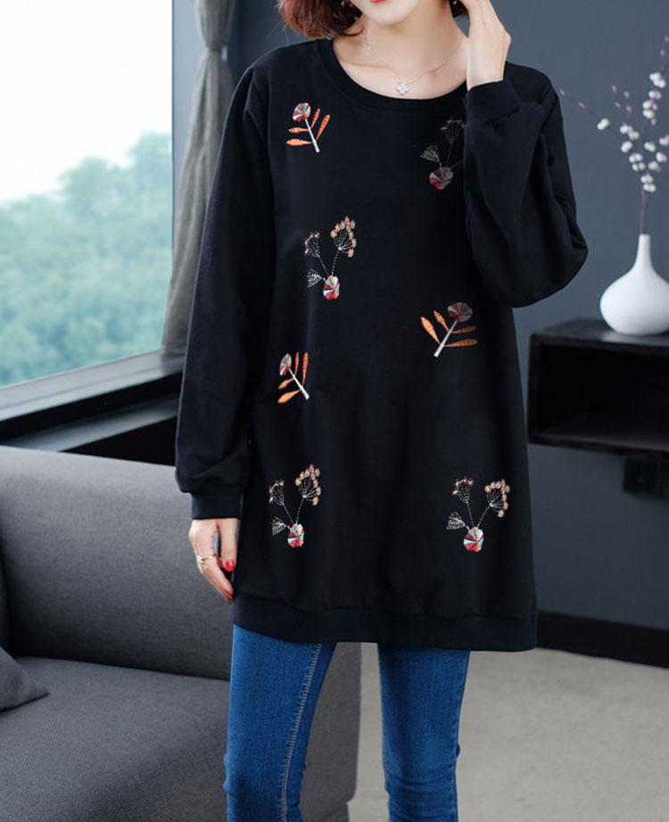 Women Loose T-shirt Long Sleeve Flower Embroidery Casual Round Neck T-shirt Ladies Pullover