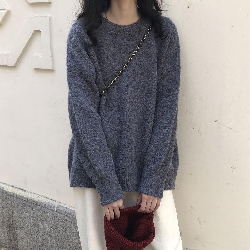 Large Size Sweater Women Korean Version Loose Solid Color Round Neck Pullover Long Sleeve Sweater Top Ins