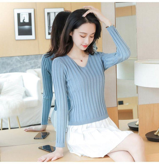 Autumn and Winter Knitted V-neck Sweater All-match Slim Short Top Small Simple Solid Color Female Bottoming Shirt