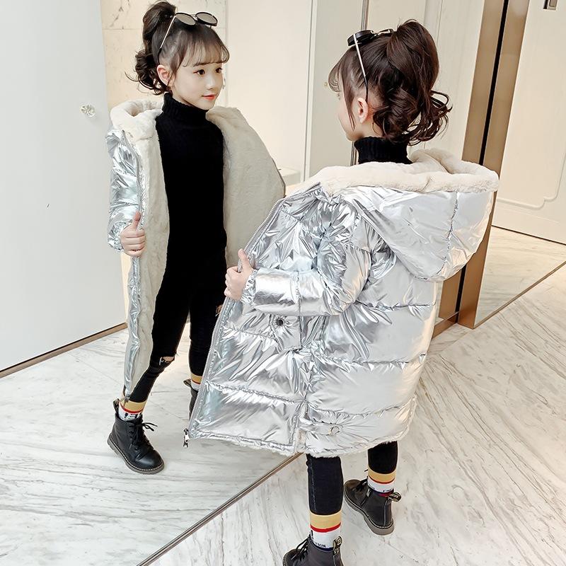 Girls Cotton Coat Autumn and Winter Fashion Casual Long-sleeved Hooded Thick Velvet Shiny Down Jacket Long Cotton Jackets