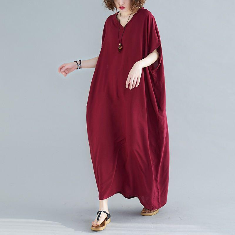 WTEMPO Plus Size Women Dress Summer V-neck Solid Color Long Dress Casual Bohemia Long Robe Full Length