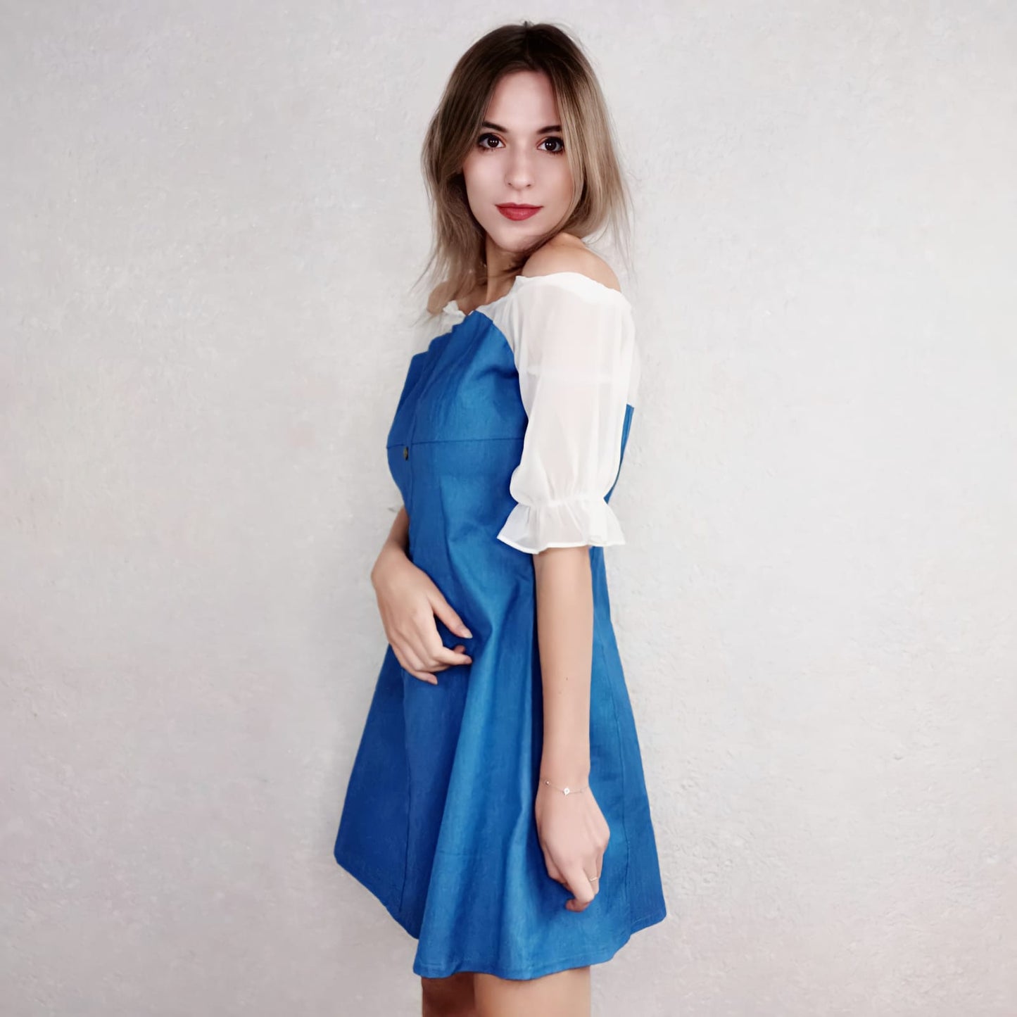 Women High Waist A-line Denim Dress Chiffon Stitching Off Shoulder Dress Female Short  Dress for Party Beach
