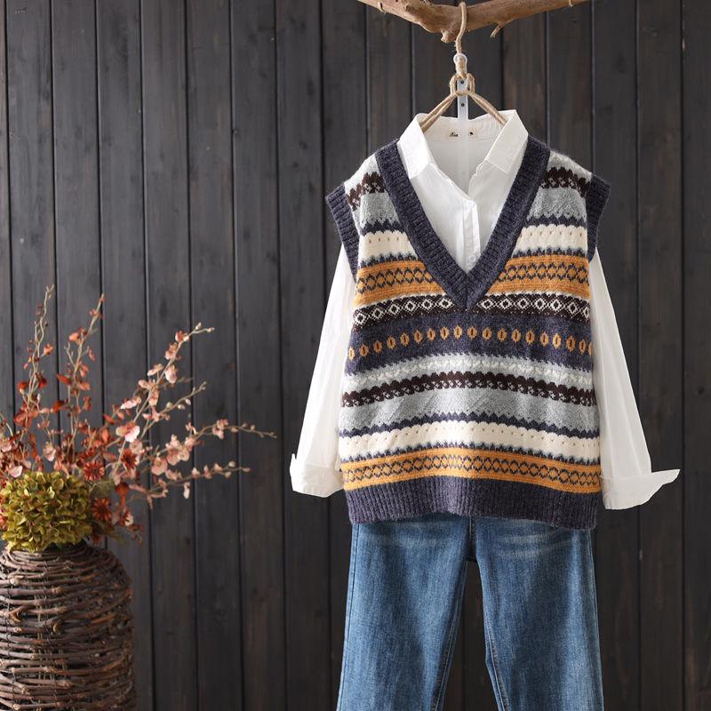 Vintage Printed Sweater Vest Sleeveless Knitted Vest Loose Pullover Sweater Tank Tops for Women