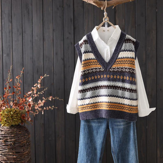 Vintage Printed Sweater Vest Sleeveless Knitted Vest Loose Pullover Sweater Tank Tops for Women