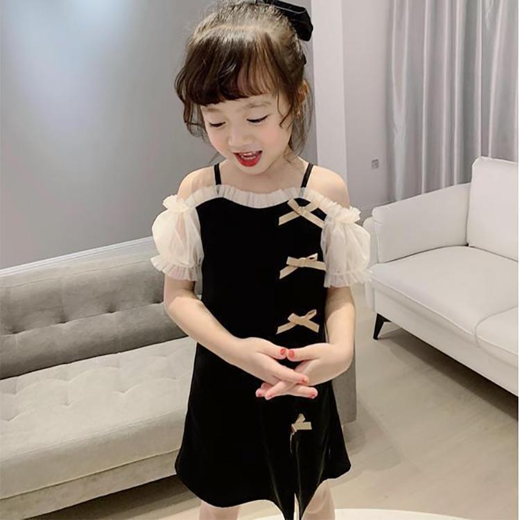 Children Dress Girls' Summer Dress Korean Sweet Casual Dress Bowknot Mesh Suspender Dress Ruffle Shoulder