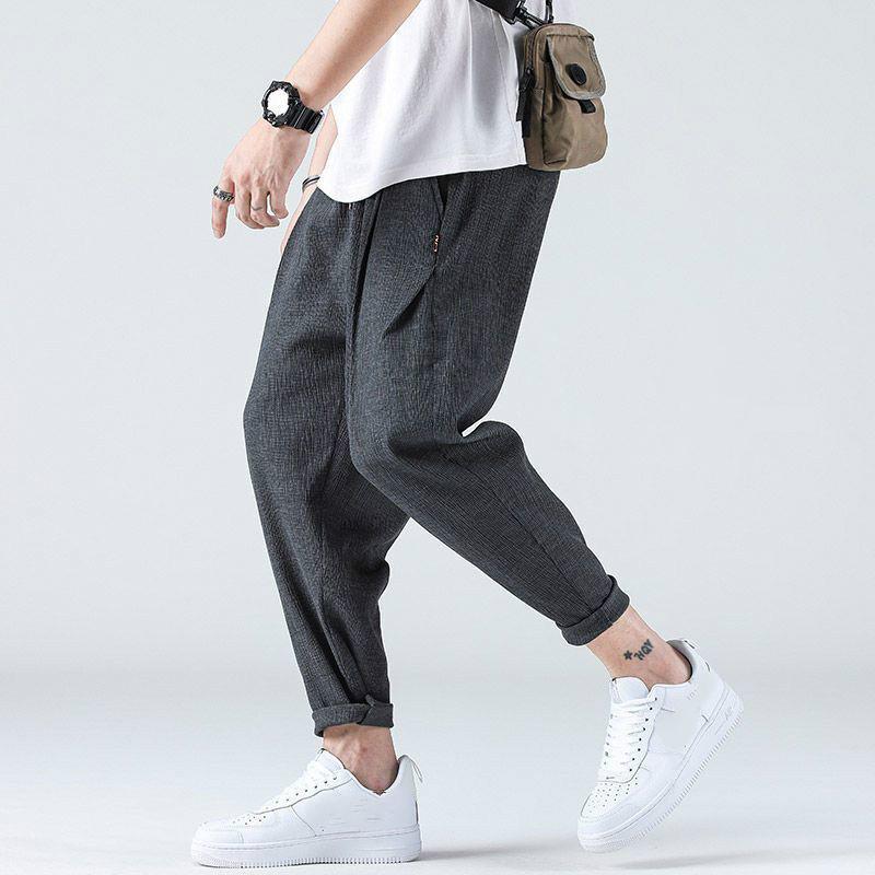 Summer Ninth Pants Ultra-thin Ice Silk Trend Loose Cotton Linen Casual Pants Straight Linen Trousers Men's Summer