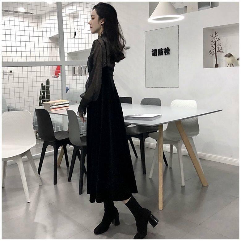 Sling Dress Two-piece Women's Korean Style Loose Mesh Gauze Stitching V-neck Long Sleeve Suit