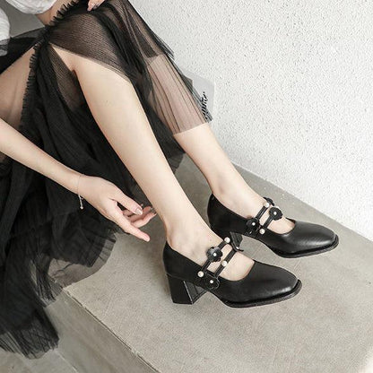 French Girl Single Shoes Small High Heels Thick Heels Retro  Gentle Mid-heel All-match