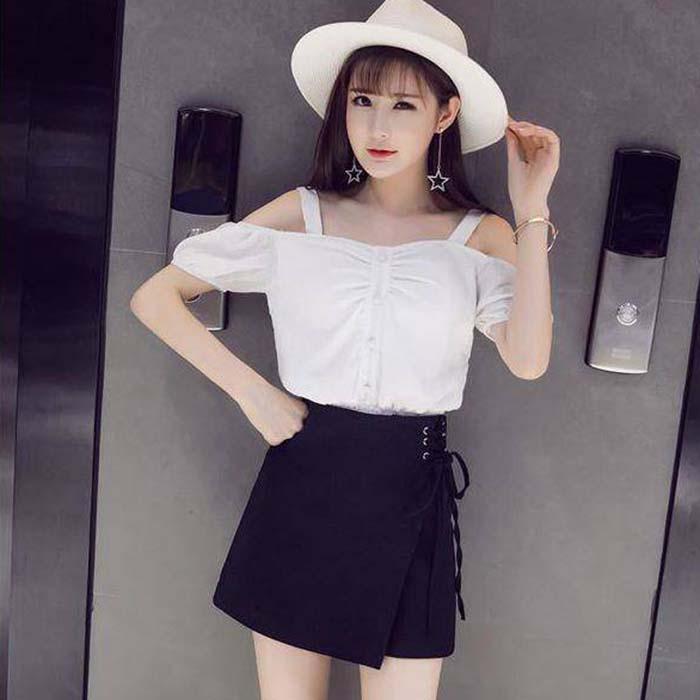 Pofulove Women Anti-light Irregular Skirt Lace-up High Waist Sexy Package Hip Skirt A Word Skirts