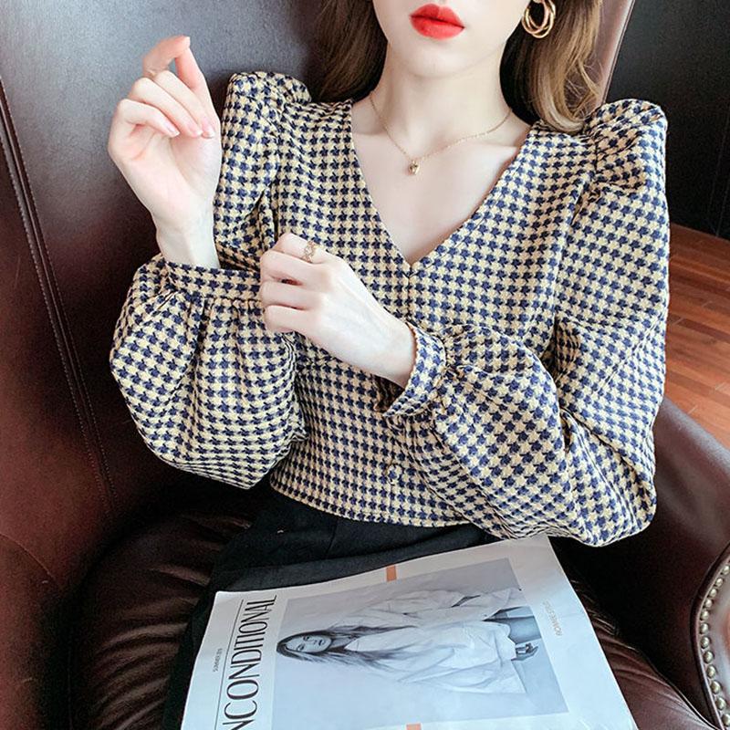 Women's Spring and Autumn Long-sleeved Shirt V-neck Puff Sleeve Short Top