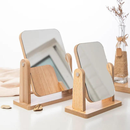 Ladies Rotatable Wooden Mirror Desktop Creative Portable Makeup Mirror HD Thin and Light Travel Out Household Essentials