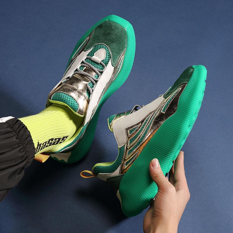 Men Dad Sneakers Casual Shoes Genuine Leather Chunky Sneaker Walking Shoes Zapatillas Hombre Green Vulcanized Sneakers
