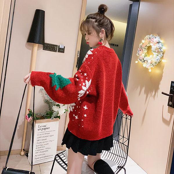 Women's Christmas Sweater Loose Snowflake Print Pullover Sweater Top Thick Warm Knitwear Outer Wear