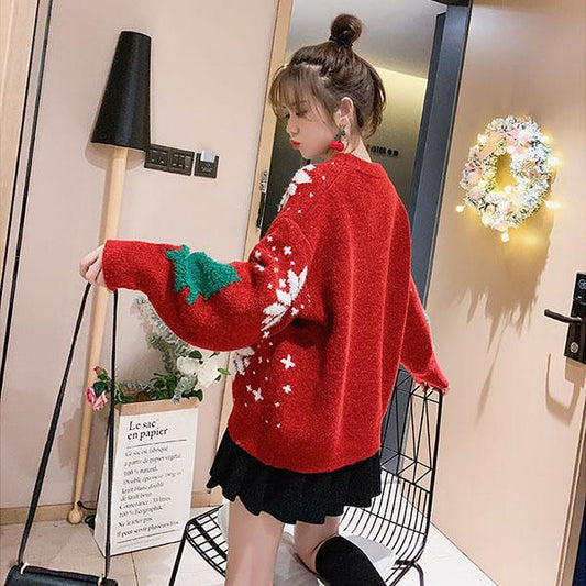 Women's Christmas Sweater Loose Snowflake Print Pullover Sweater Top Thick Warm Knitwear Outer Wear