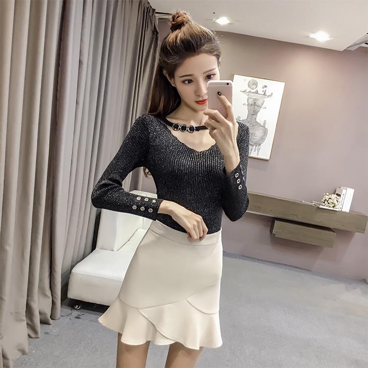 Pofulove Women's Autumn Winter Slim Long Sleeve Tight Short V-neck Sweater Bright Silk Pullover Tops