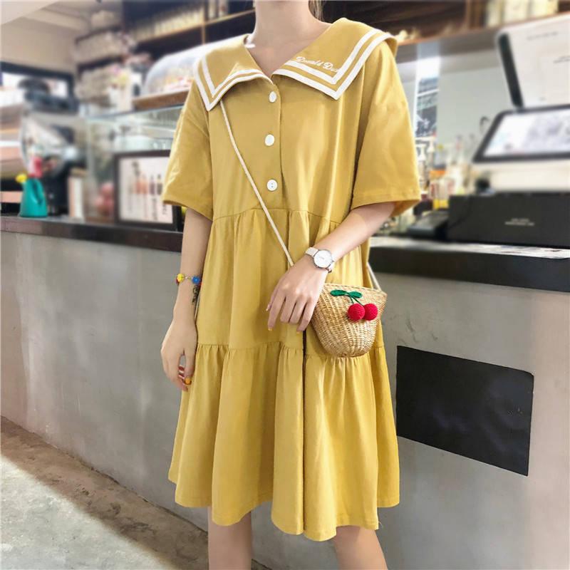 Sailor Suit  Cute Sweet Girl Ruffle College Style Age Reduction Looser  Short Sleeve Dress