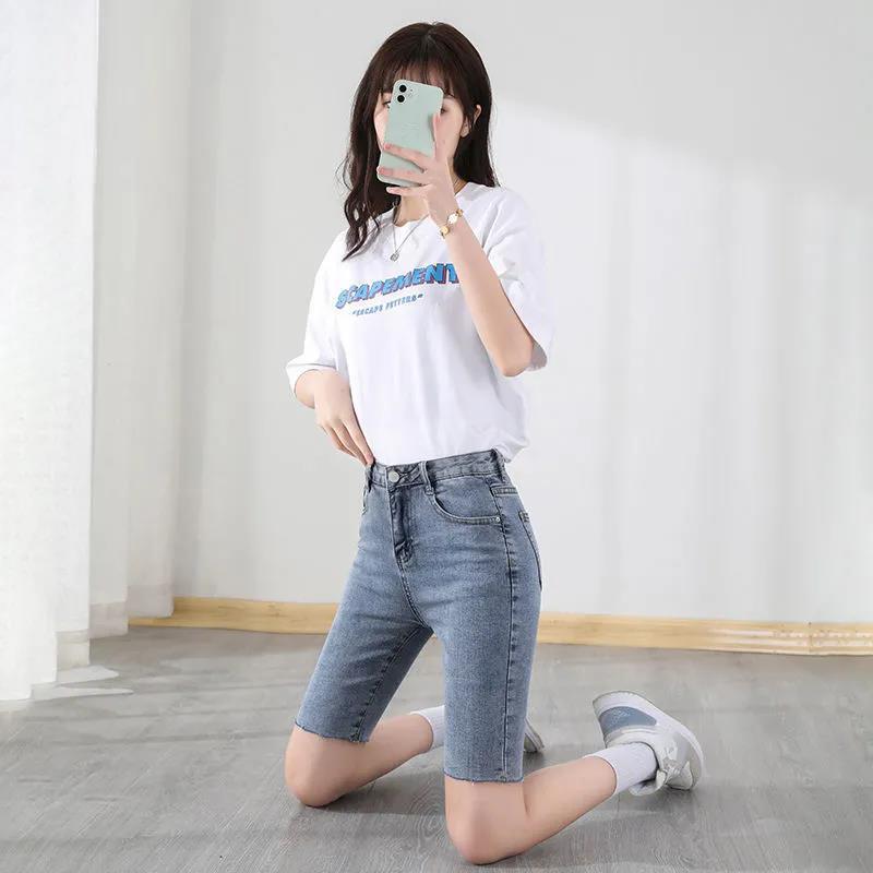 Denim Shorts Women's Spring and Summer High Waist Slim Five-point Pants Black Straight Leg Pants Tight Riding Pants