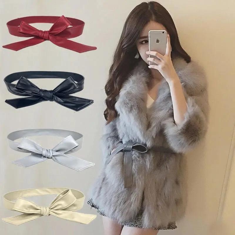 2.5/4cm Width Bow Tie Belt Waist Rope Thin Fur Belt PU Leather Belt Women's Wide Coat Leather Belt Dress Belt