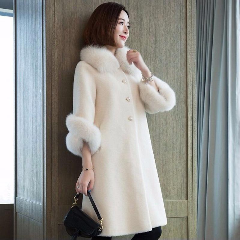Autumn and Winter New Faux Sheep Shearling Coat Women Mid-length Faux Fox Fur Collar Loose Grain Fleece Faux Fur Coat