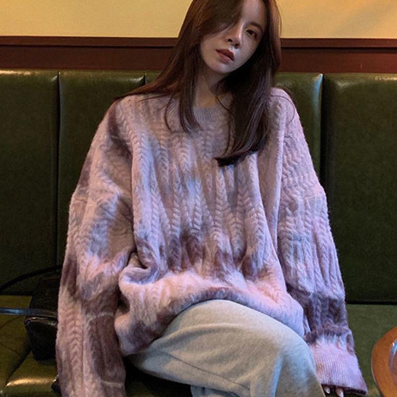 Tie-dye Sweater Women Autumn  Winter Wear Long-sleeved Loose Retro Twist Pullover Sweater Thick Top