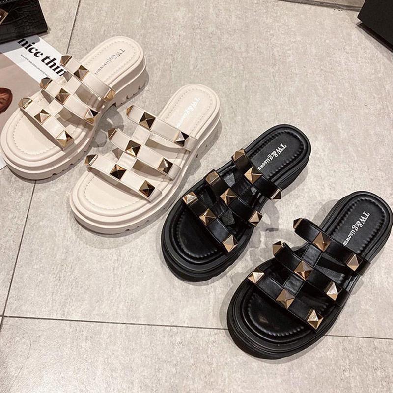 Rivet Half Slippers for Women's Outer Wear Summer Fashion One-word Drag, Soft Bottom Mid-heel Platform Sandals Thick Bottom Sandals