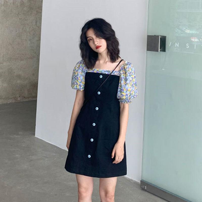 Female Summer Simple French Vintage Elegant Small Square Neck Floral Chiffon Splicing Puff Sleeve Short Dress