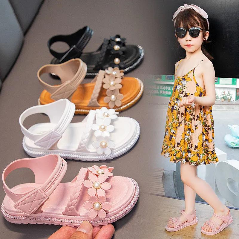 Sandals Girls Kids Sandals Princess Sweet Flower Children Summer Beach ShoesBrand New Soft Sweet Floral with Pearl