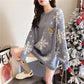 Women 2 Colors Christmas Theme Elk Embroidery Long Section Sweater Crew Neck Loose Pullover