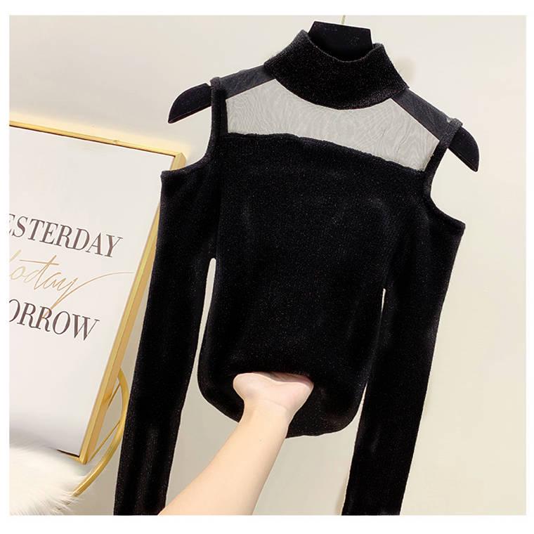 Pofulove Spicy Girl Must-have Off-the-shoulder Half Turtleneck Shirt Mesh Stitched Sexy Knitwear