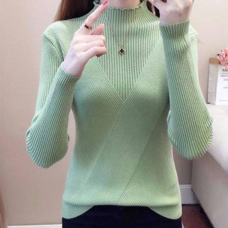 Pofulove Winter Plus Velvet Half-high Collar Thick Sweater Women Bottoming Shirt Autumn Long-sleeved