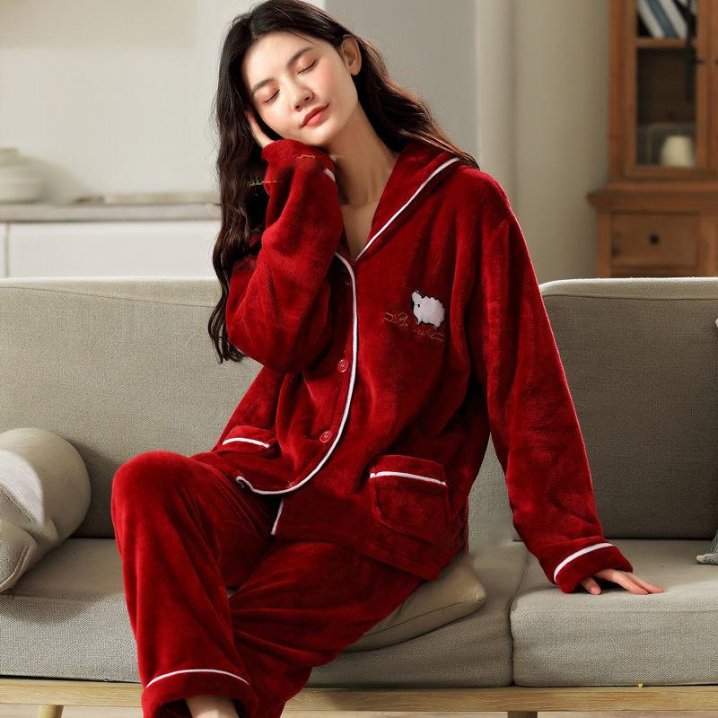Pajamas Women's Flannel Thickened Plus Velvet Coral Fleece Warm Pajamas Suit Fabric Is Soft Breathable Non-balling and Non-fading