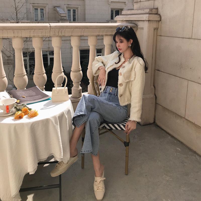 Spring Women's Light-colored Bifurcated Micro-leg Nine-point Pants, High-waisted and Thin Western-style Bow Jeans