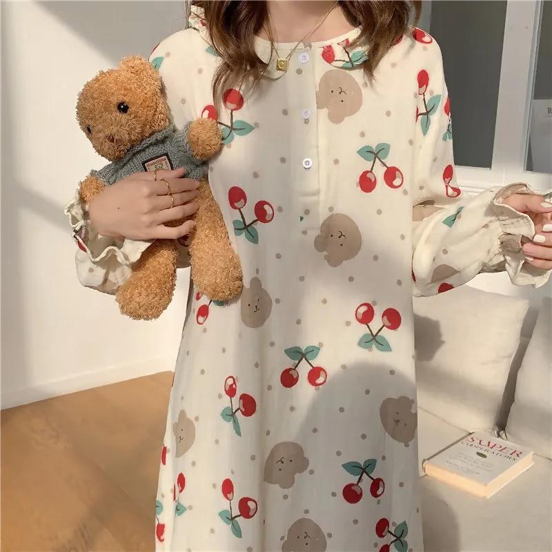 Women's Autumn Winter Pajamas Dress Long Cute Doll Collar Strawberry Printing Sweet Long Sleeve Nightdress Loose Comfortable Homewear
