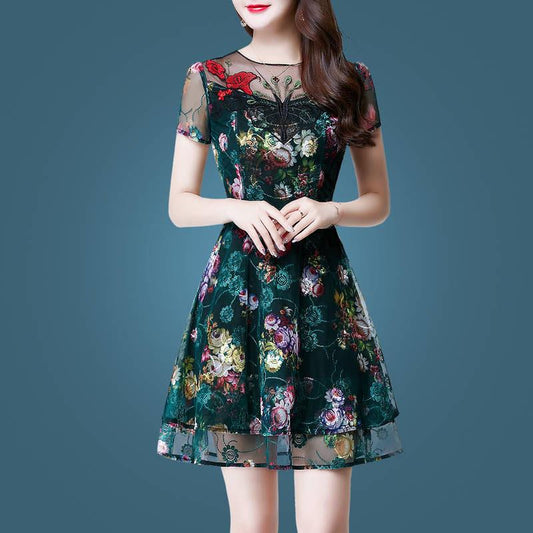 Fashion Summer Embroidered Dress Midi Embroidery Mesh Lace Dress Short Sleeve Party Dress