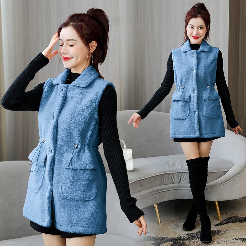 Autumn and Winter Lamb Hair Vest Women's Mid-length Pocket Waistcoat Student Casual Solid Color Jacket