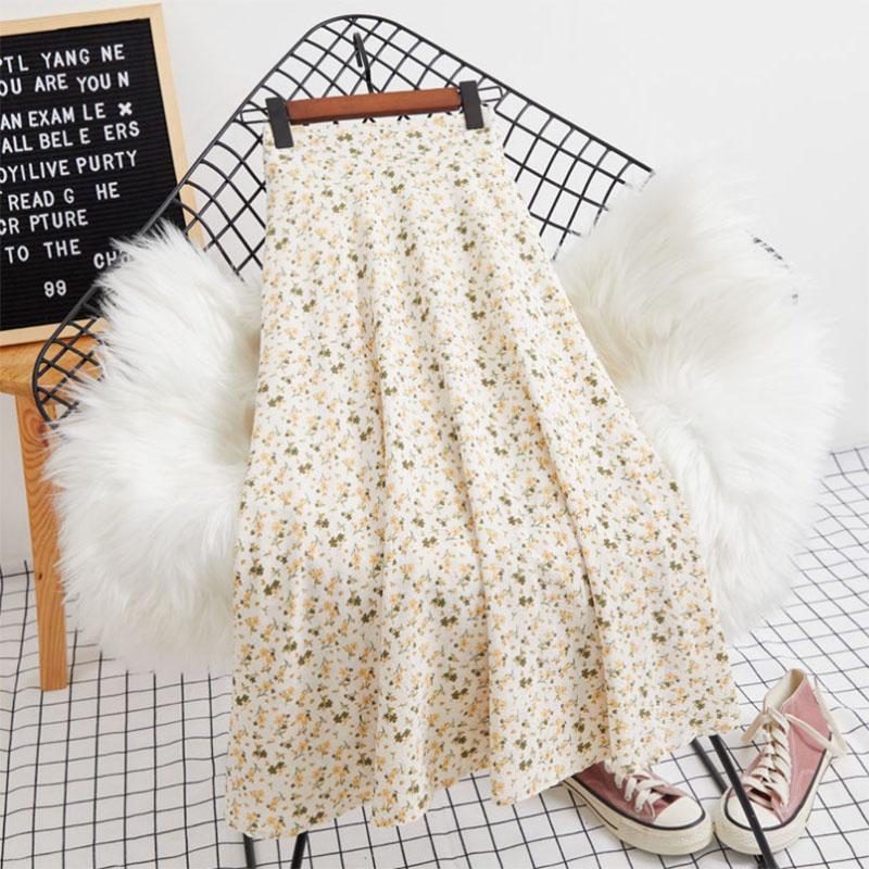 Cool Printed Chiffon Skirt Women's Summer Mid-length Small Fresh Floral High-waisted Over-the-knee Long Skirt