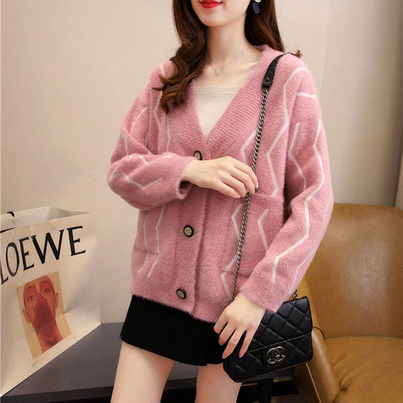 Autumn and Winter Mohair Cardigan Jacket Wild Loose Casual Sweater V-neck Knitted Female Top