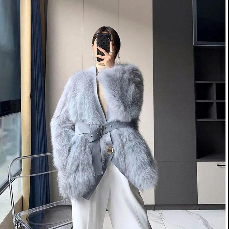 Fur Coat Winter Ladies Retro Fashion V-neck Waist Thickened Warm Mid-length Fur All-in-one Plush Jacket
