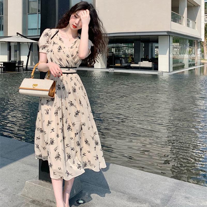 Large Size Women's Dresses Summer Fashion Temperament Waist-covered BellyThin Floral Dress