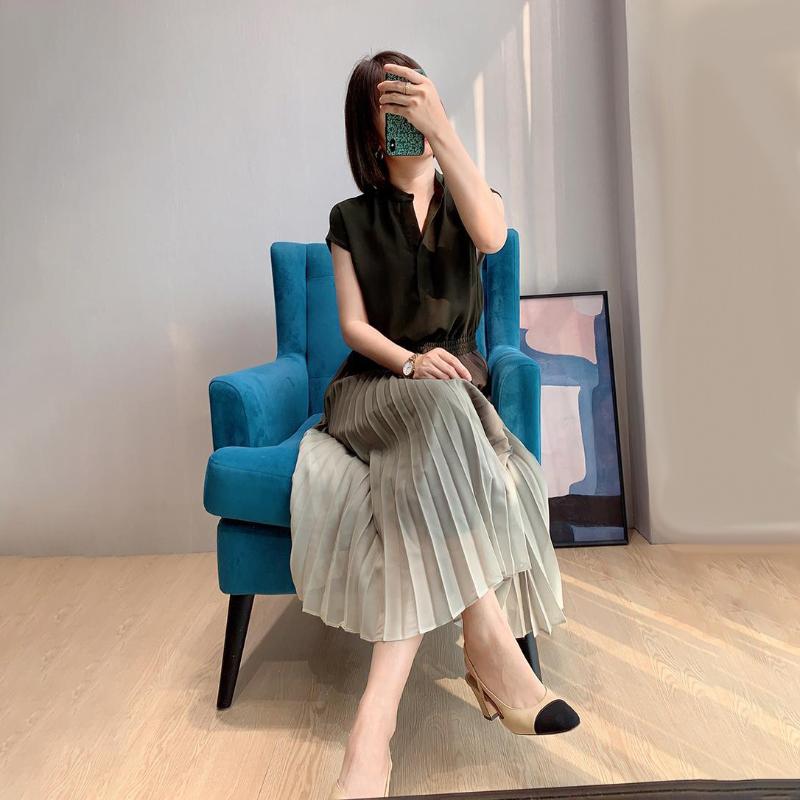 2021 Summer New Women's Pleated Skirt Temperament Dress Chiffon Long Skirt Slim Slimming Women's Large Size