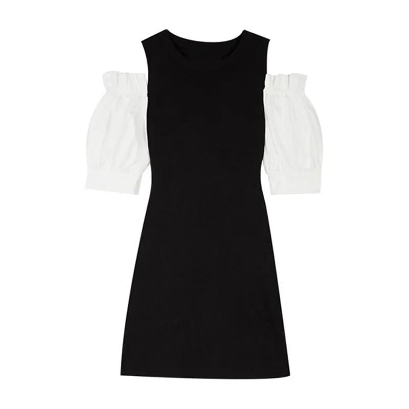 Retro Hepburn Style Waist Slimming Dress Feminine Sense Package Hip Round Neck Strapless Puff Sleeve Dress Slim Sexy Dress