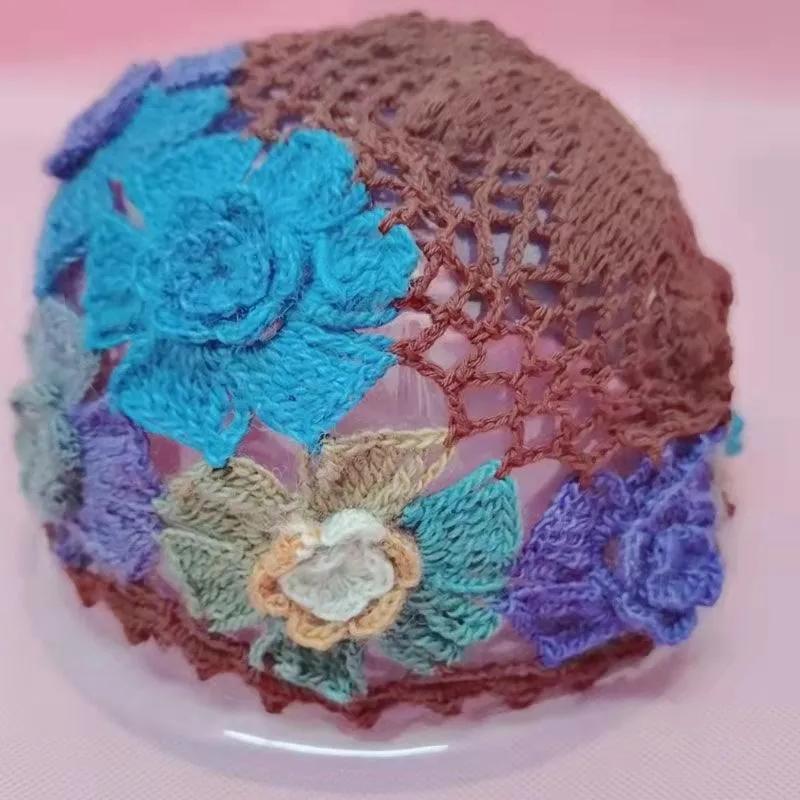 Gradient Stereo Flower Bag Head Hat Woman National Handmade Crochet Knit Hat Openwork Towel Hat