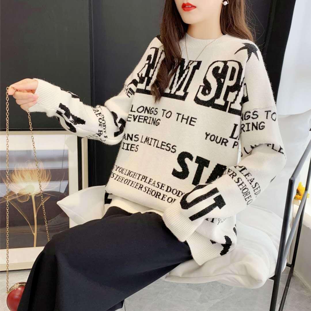 Autumn and Winter Loose Mid-length Round Neck Sweater Women Lazy Letter All-match Knitwear