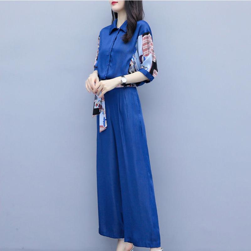 Ladies Wide Leg Pants Suit Summer Women's Large Size Printed Shirt + Two-piece Set of Thin Loose Casual Pants