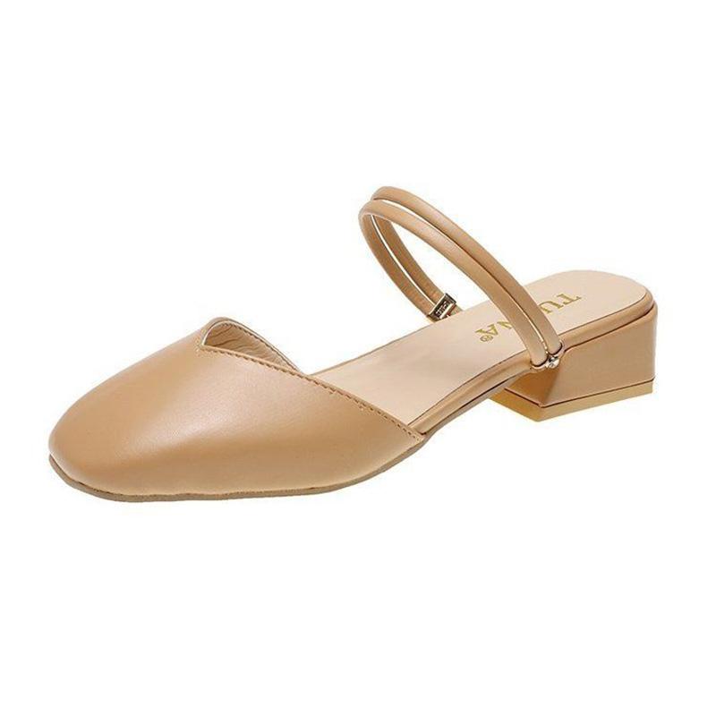 V Mouth Square Toe Sandals Thick Heel Single Shoes Wild Mid-heel Sandals High Heels Women Retro Thick Heel Leather Shoes Women