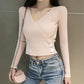Spring and Autumn Long-sleeved Knit Bottoming Shirt Thin Cross V-neck Tight Top Women Short Sweater