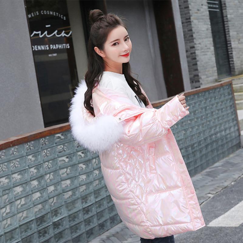Women's Bright Face Hooded Down Jacket Mid-length Korean Loose Thick Coat Warm Cotton Coat Large Wool Collar Winter Quilted Coat