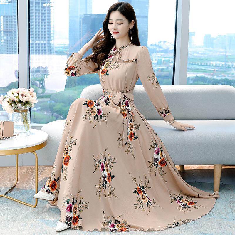 Chiffon Long-sleeved Large Skirt Dress Feminine Temperament Floral French Retro Waist Slim Elegant Dress Fabric Light and Breathable