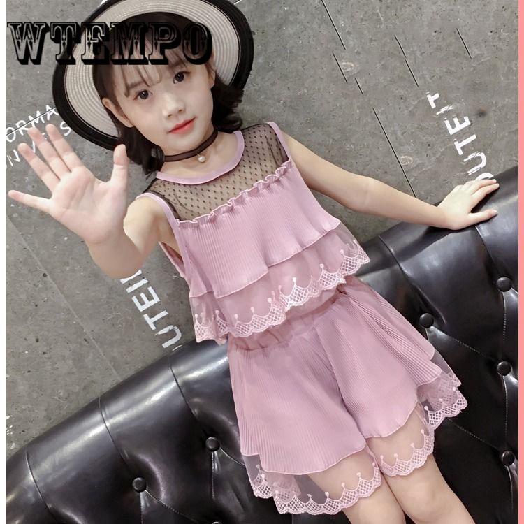 Children Clothing Sets Summer Girls Chiffon Blouse Shirt + Short Pants Outfits 2pcs